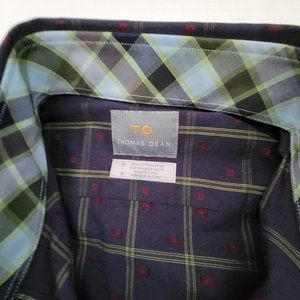 Thomas Dean Green and Blue Plaid Casual Button Down Shirt